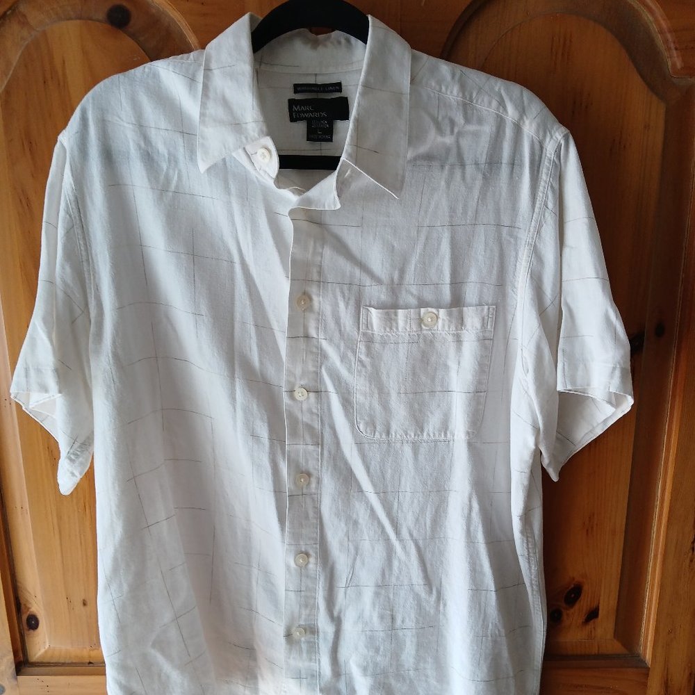Marc Edwards Mens Sz Large White/Brown/Gray Washable Linen Button Up Shirt EUC